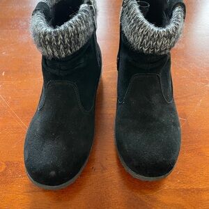 Black Suede Winter Boots with Grippy Lug Soles and Knit Detail
